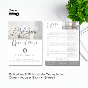 Può includere: Modello di foglio di registrazione per open house modificabile e stampabile con un cartello di benvenuto e una foto di un bagno moderno. Il foglio di registrazione include una sezione per le informazioni degli ospiti, tra cui nome, numero di telefono, indirizzo email e se stanno lavorando con un agente immobiliare. Include anche una sezione per gli ospiti per indicare le loro esigenze attuali, come se hanno intenzione di acquistare o vendere una casa nel prossimo anno. Il modello include il testo "Benvenuti alla nostra open house" e "Si prega di registrarsi. Date un'occhiata e non esitate a porre qualsiasi domanda."