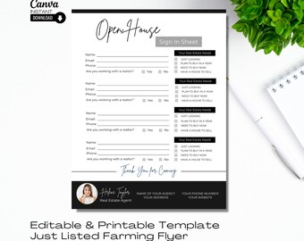 Foglio di registrazione modificabile per Open House: marketing immobiliare (modello Canva, download immediato)