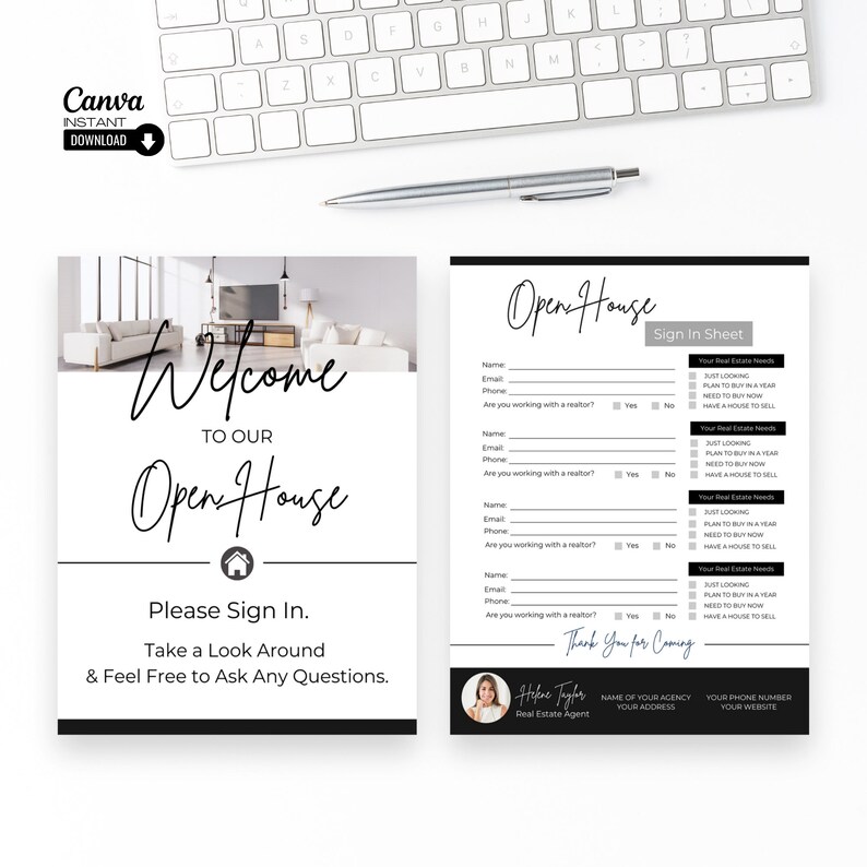 May include: Black and white open house sign with a welcome message and a sign-in sheet. The sign-in sheet asks for name, email, phone number, and if the person is working with a realtor. The sign also includes a photo of a real estate agent and contact information for the agency.