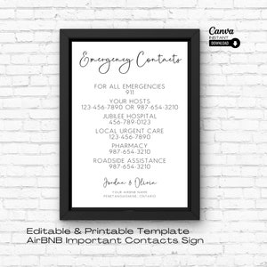 May include: Black and white printable sign with the text "Emergency Contacts" and a list of important phone numbers for emergencies, including 911, local hospital, pharmacy, and roadside assistance. The sign also includes the text "Jordan & Olivia" and their Airbnb name and location.