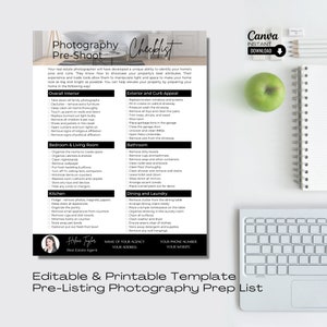 May include: A printable checklist for preparing a home for real estate photography. The checklist is divided into categories such as overall interior, exterior and curb appeal, bedroom and living room, bathroom, kitchen, dining and laundry. The checklist includes tasks such as decluttering, cleaning, and removing personal items. The checklist also includes a space for the real estate agent's name, address, phone number, and website.