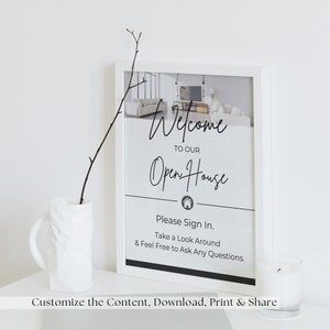 May include: A white framed sign with black text that reads "Welcome to our Open House. Please Sign In. Take a Look Around & Feel Free to Ask Any Questions."