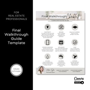May include: A printable checklist for real estate professionals to use during a final walkthrough of a property. The checklist includes sections for electricity, repairs, walls and flooring, doors and windows, appliances, HVAC, fixtures, plumbing, and exterior. The checklist also includes space for the real estate agent's name, agency name, address, phone number, and website. The checklist is designed to be used on November 26, 202X.