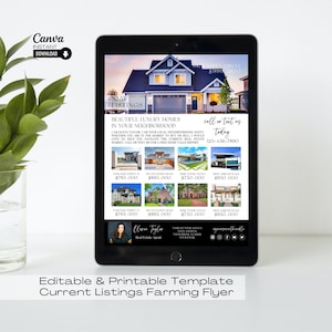 May include: A digital flyer template for real estate agents to advertise new listings. The flyer features a photo of a house and a grid of photos of other homes with their prices listed. The flyer also includes the agent's name, contact information, and social media links.