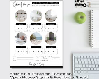 Könnte beinhalten: Ein schwarzes und weißes, druckbares Open-House-Anmeldeformular mit einem Feedback-Bereich. Das Formular enthält Bilder einer Küche, eines Wohnzimmers, eines Badezimmers, des Wertes, der Lage und der Straßenansicht. Der Feedback-Bereich fragt, ob die Person mit einem Makler zusammenarbeitet, ob sie für eine Hypothek vorqualifiziert ist und wie viel sie für das Haus bezahlen würde.