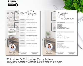 May include: A printable flyer template for buyers under contract. The flyer includes a timeline of events, contact information, and a space for the real estate agent's name and contact information. The flyer is designed in a modern style with a gray and white color scheme.
