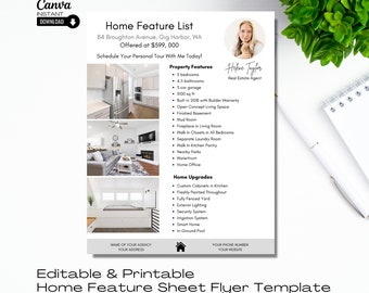 Peut inclure: Un modèle de flyer imprimable pour une fiche de caractéristiques de maison avec une photo d'une maison et d'un agent immobilier. Le flyer liste les caractéristiques de la maison, dont 5 chambres, 4,5 salles de bain, un garage pour 5 voitures et un sous-sol fini. Le flyer liste également les améliorations apportées à la maison, telles que des armoires personnalisées dans la cuisine, une cour entièrement clôturée et un système de maison intelligente.