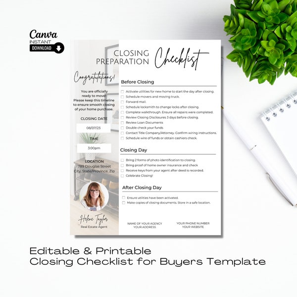 Closing Checklist for Buyer, Real Estate Templates, Real Estate Checklist, Buyer Closing Day Checklist, Buyer Checklist, Disclosure, Canva