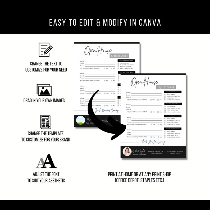 May include: Black and white printable open house sign-in sheet template with the text "Open House Sign in Sheet" and "Thank You for Coming". The template includes fields for name, email, phone, and whether the person is working with a realtor.