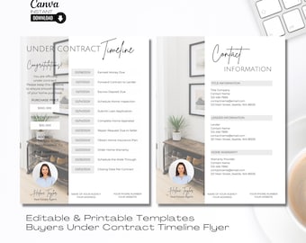 May include: A printable flyer template for buyers under contract. The flyer includes a timeline of events, contact information, and a purchase price and escrow deposit. The flyer is designed in a modern style with a gray and white color scheme.