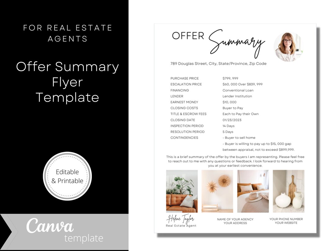 Editable Real Estate Offer Summary Printable Real Estate - Etsy