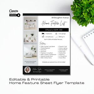 May include: Black and white printable flyer template for a real estate listing. The flyer features a photo of a home's interior, the address, a list of features, and the price of $599,000. The flyer also includes the name and contact information of the real estate agent.