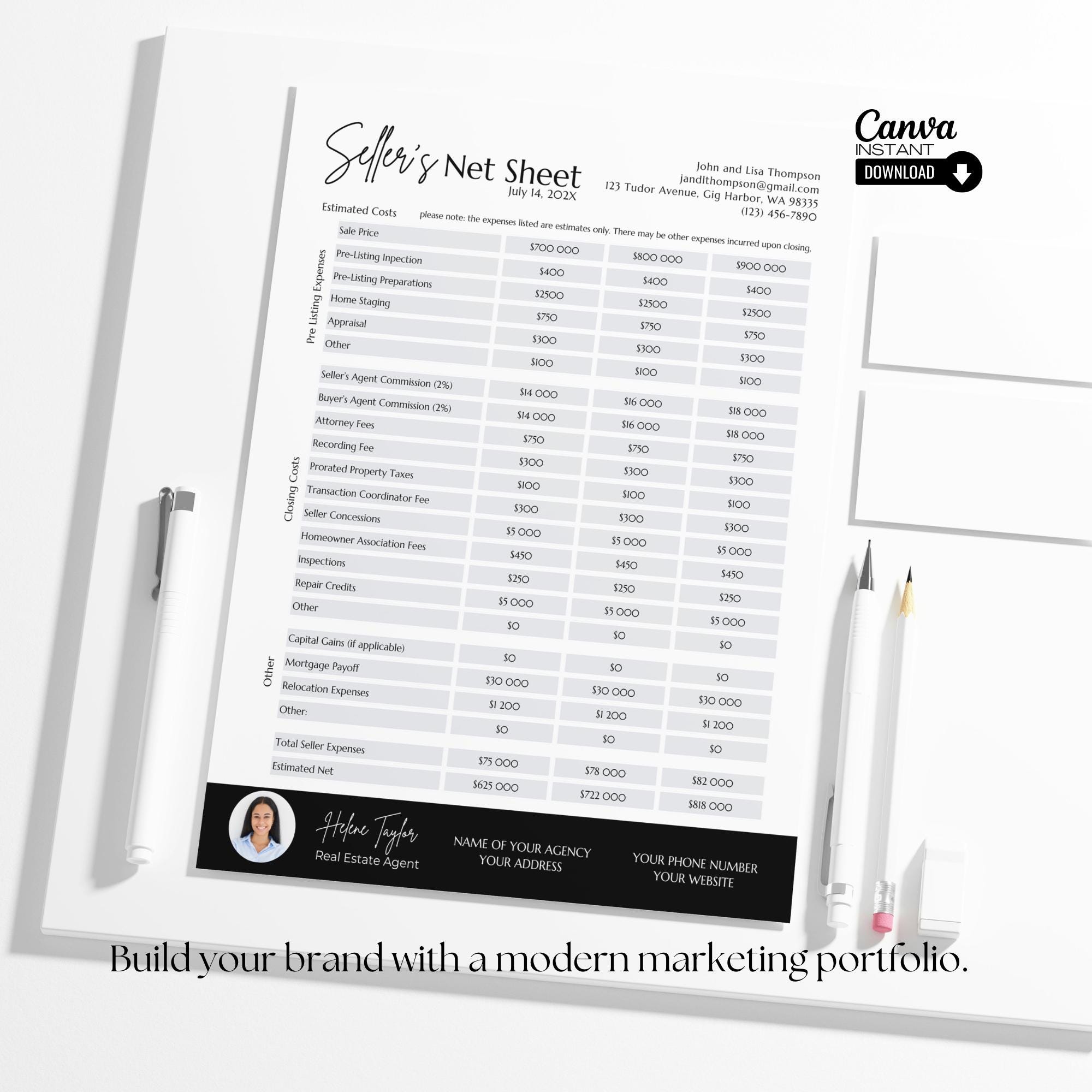 Editable Real Estate Seller's Net Sheet Template (canva) - Etsy
