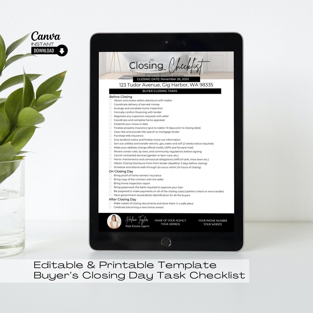 Real Estate Buyer Closing Checklist: Editable Canva Template (digital ...