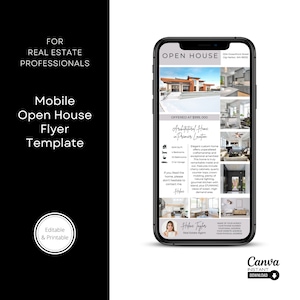 Plantilla de volante de puertas abiertas móvil, folleto de puertas abiertas de bienes raíces, plantilla de volante de bienes raíces textable, marketing inmobiliario, agente inmobiliario de Canva