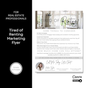 May include: A white and gray flyer with a photo of a house interior and a woman's headshot. The flyer is titled "Tired of Renting?" and lists reasons to consider buying a home, including low interest rates and investment potential. The flyer also includes the text "Call Me Today. Let's Chatt" and the name "Helene Taylor, Real Estate Agent".
