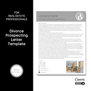 Könnte beinhalten: Eine Briefvorlage für Immobilienfachleute, die sie verwenden können, wenn sie Kunden ansprechen, die sich scheiden lassen. Der Brief enthält Informationen über den Prozess des Verkaufs oder der Refinanzierung eines Hauses während einer Scheidung und bietet an, Kunden bei der Navigation durch den Prozess zu unterstützen.