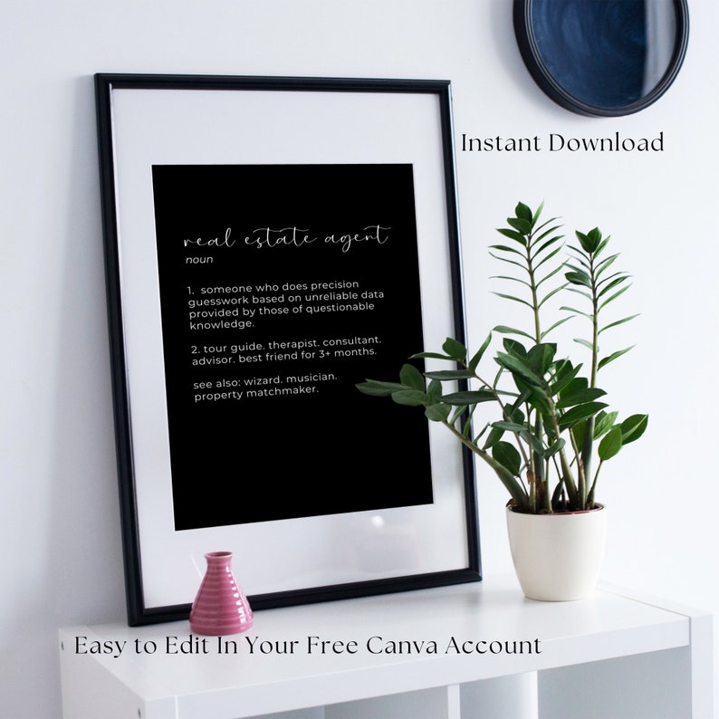 Real Estate Agent Definition Poster, Real Estate Office Decor, Real