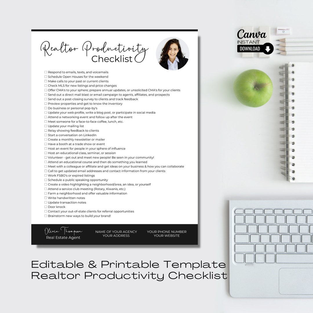Realtor Productivity Checklist: Editable Real Estate Agent Task Manager ...