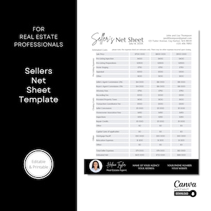 Puede incluir: Una plantilla de hoja de cálculo de ingresos netos del vendedor imprimible para profesionales inmobiliarios. La plantilla incluye secciones para costos estimados, créditos de cierre, otros gastos e ingresos netos estimados. La plantilla está diseñada para ayudar a los vendedores a comprender sus posibles ingresos netos de una venta de bienes raíces.