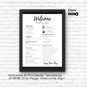 Editable AirBNB Welcome Sign Template: One Page Printable (Canva)