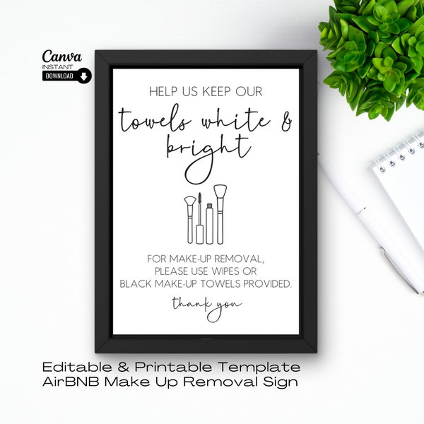 Editable Airbnb Makeup Removal Sign, Printable Airbnb Makeup Removal Sign, Use Dark Towels Sign, Airbnb Bathroom Signage, Vacation Rental