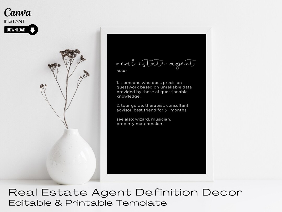Real Estate Agent Definition Poster Real Estate Office Decor Etsy