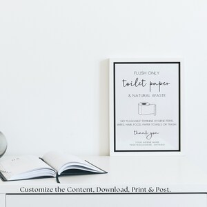 May include: A white sign with black text that reads "FLUSH ONLY toilet paper & NATURAL WASTE". A black and white illustration of a toilet paper roll is below the text. The sign also includes the text "NO "FLUSHABLE" FEMININE HYGIENE ITEMS, WIPES, HAIR, FOOD, PAPER TOWELS OR TRASH" and "thank you". The sign is on a white surface.