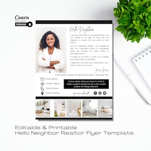 Peut inclure: Modèle de flyer d'agent immobilier noir et blanc avec une photo d'une femme en chemise blanche. Le flyer comporte le texte "Hello Neighbor" et les coordonnées de l'agent immobilier. Le flyer comprend également un collage de photos de différentes pièces d'une maison.