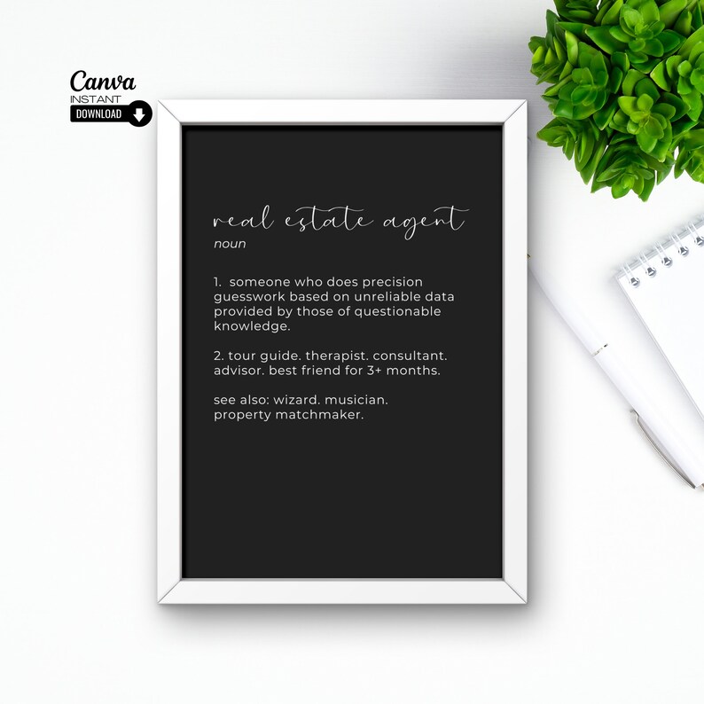 Real Estate Agent Definition Poster, Real Estate Office Decor, Real