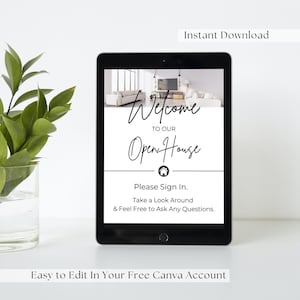 May include: A digital tablet displaying a welcome sign for an open house. The sign says "Welcome to our Open House" and includes instructions to sign in, take a look around, and ask questions. The background image shows a modern living room.