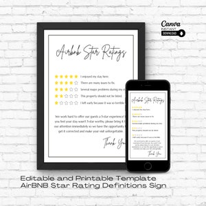 Modelo editável de placa de explicação de classificação de 5 estrelas, sistema de classificação por estrelas do Airbnb explicado, modelo de placa do Airbnb Canva, proprietários de aluguel de temporada