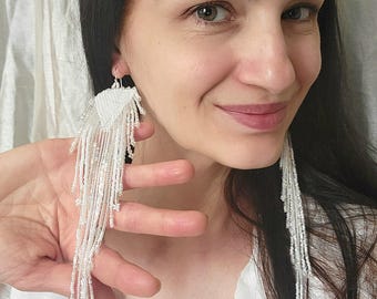 Handmade Miyuki Beaded Bridal Earrings, Sterling Silver Wedding Dangles