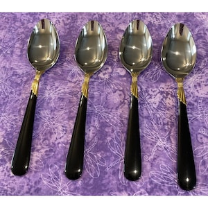 Yamazaki Lindi Oval Soup Spoons Stainless Black Handle Gold Accent Set Of 4 VTG