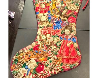 Large Christmas Wall Decor Stocking Red Green Vintage Toy Print Noel 31 Inch