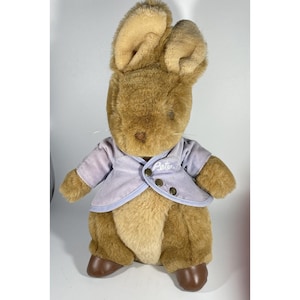 Könnte beinhalten: Ein braunes Plüschkaninchen mit hellblauer Jacke, auf der der Name "Peter" gestickt ist. Das Kaninchen hat lange Ohren, braune Füße und einen cremefarbenen Bauch. Das Spielzeug ist einem Kinderbuchcharakter nachempfunden.