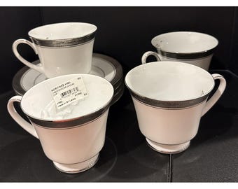 Zestaw 4 spodków do filiżanek i talerzyków Noritake Crestwood Platinum na wesele, NOWOŚĆ