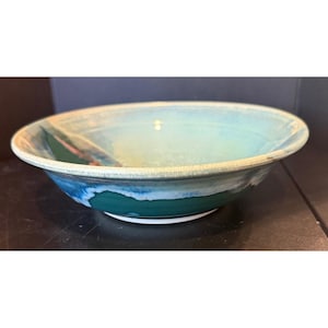 Alaska Studio Art Pottery Serving Bowl Teal Green Swirl Hand Painted Signed
