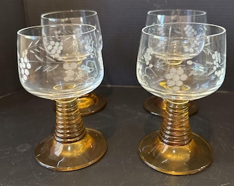 Roemer Bärnstensvinglas Etsade Vinrankor Bikupeskaft 11,5 cm Höga Set Om 4