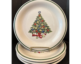 Platos llanos navideños con diseño de árbol de Navidad de Mount Clemens Pottery, 25 cm (10 pulgadas), juego de 4
