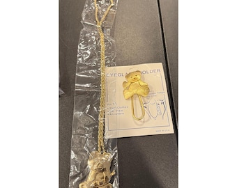 Conjunto de 2 broches y collares con colgante de osito de peluche en tono dorado para gafas graduadas de mujer (NUEVO)