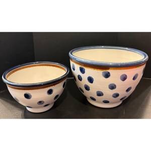 Set di 2 ciotole impilabili in gres con pois bianchi e blu, firmate Retro Farm