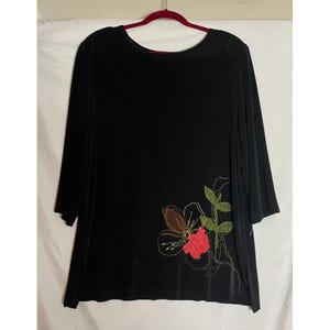 Vintage Vikki Vi Womens 1X Black Embroidered Floral Tunic Blouse 3/4 Sleeve Boho