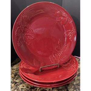 Juego de 4 platos llanos Lenox Rustic Berry Red con diseño navideño de acebo, 28 cm (11 pulgadas)