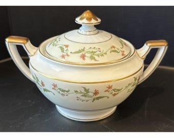 Heinrich Selb Bavaria Germany Zuckerdose mit Goldrand Rosa Blumen Deckeldose