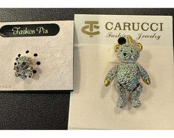 Zestaw 2 szt. srebrnych, złotych tonów, przegubowych misiów, broszek z kryształkami górskimi, NOWY