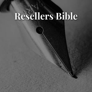 May include: A black and white graphic featuring a metallic fountain pen nib positioned at the top, with the text Resellers Bible centered in white font and the name Elizabeth McGraw printed in smaller white text at the bottom of the image.