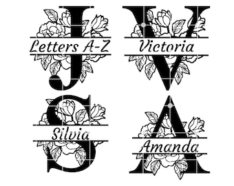 Floral Monogram SVG Bundle, Split Monogram, Last Name Svg, Initial Monogram, Flourish Alphabet Clipart, Split Letter Cut Files