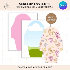 Canva Editable Envelope Template, Scallop Mini Envelope SVG Template, Square Card Holder, Cricut Silhouette Cut Files