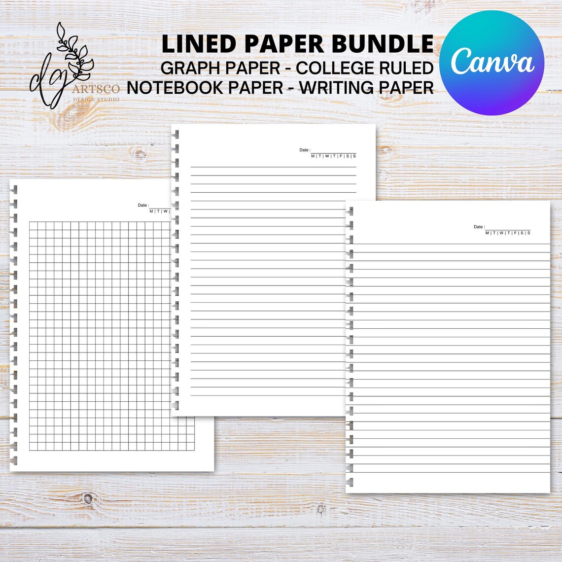 Structured College Ruled Template Canva Editable Lined Paper Bundle, Wide Rule College Rule, Notebook ...